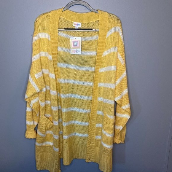 LuLaRoe Sweaters - MED Lularoe Lucille Cardigan Sunny Yellow White Stripes NWT Sweater New